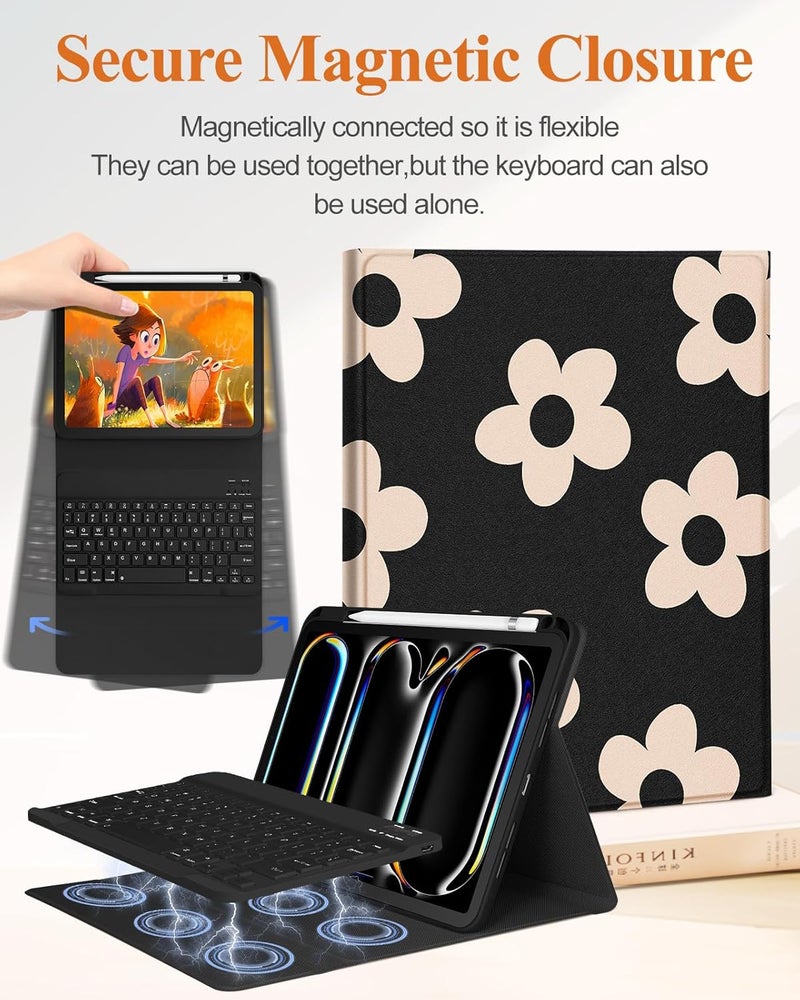 Wazzasoft for iPad Pro 11 inch Case with Keyboard M4 - Pencil Holder Folio Women Girls Cute Kawaii Unique Design for Apple Tablet Cover Pro 11 2024, Black Flower - Image 4